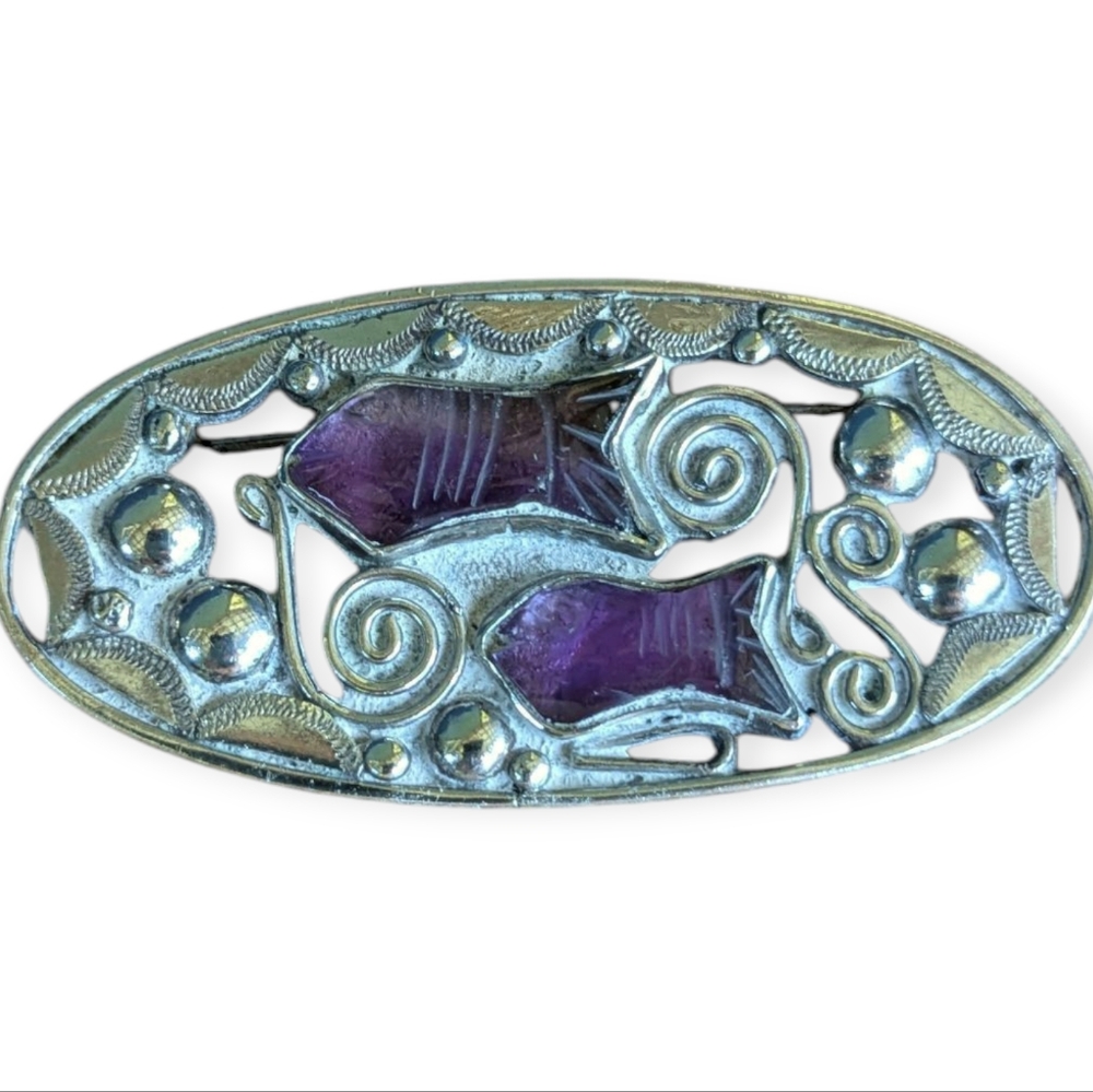 980 Fine Silver and Amethyst Fish Brooch